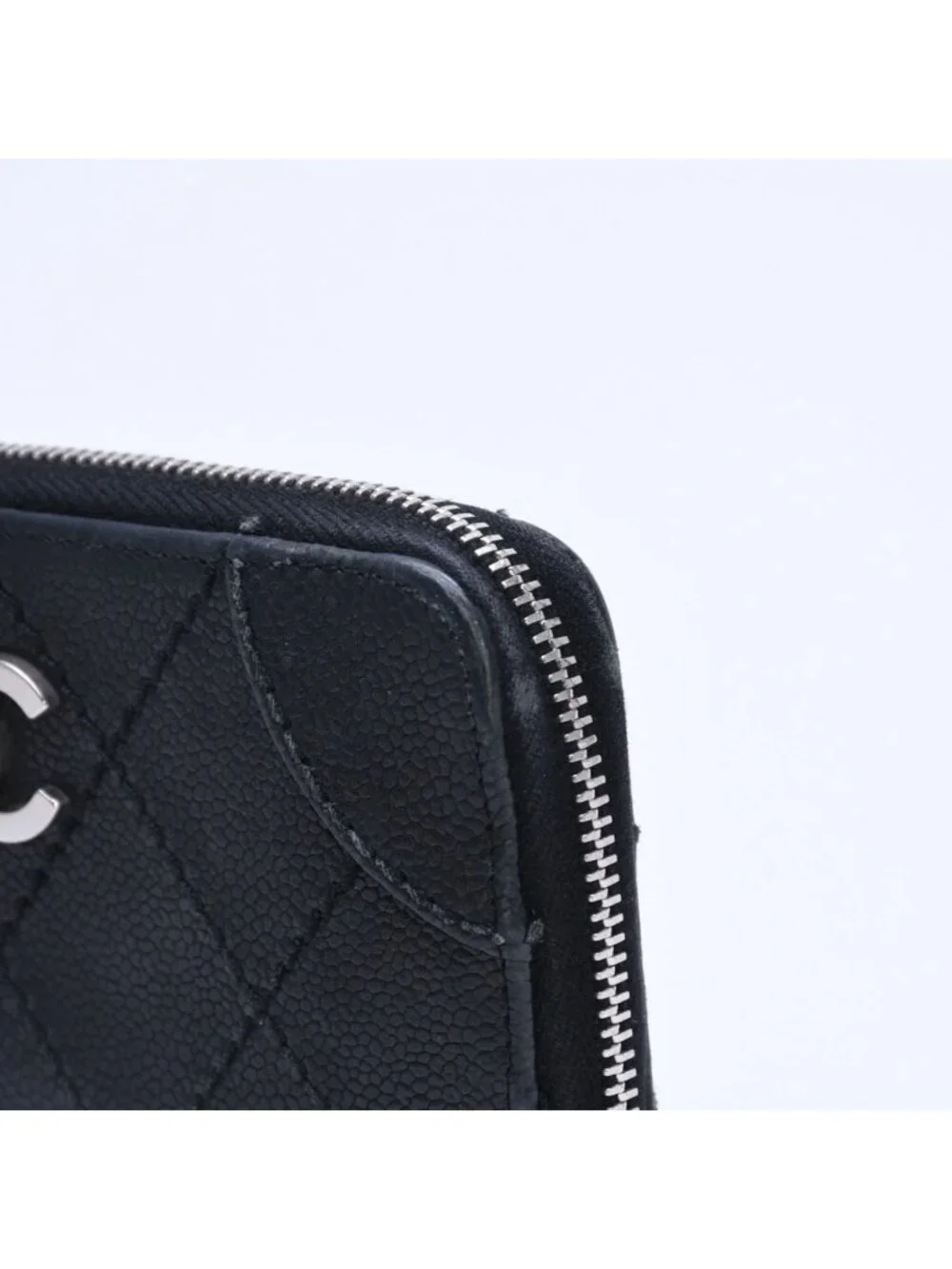 Chanel Leather Wallet Card Case CC Logo Wild Stitch Caviar Black Silver